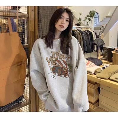 Ретро-ленивый стиль весна, осень и зима плюс бархатный свитшот для женщин свободный парный тонкий топ с круглым вырезом