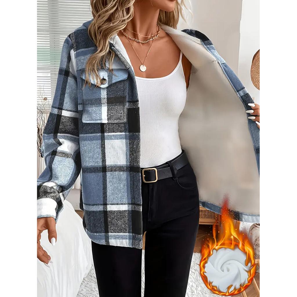 Women's Fashion Casual Loose-Fitting Long-Sleeved Plaid Print Hooded Jacket Baseball Jacket