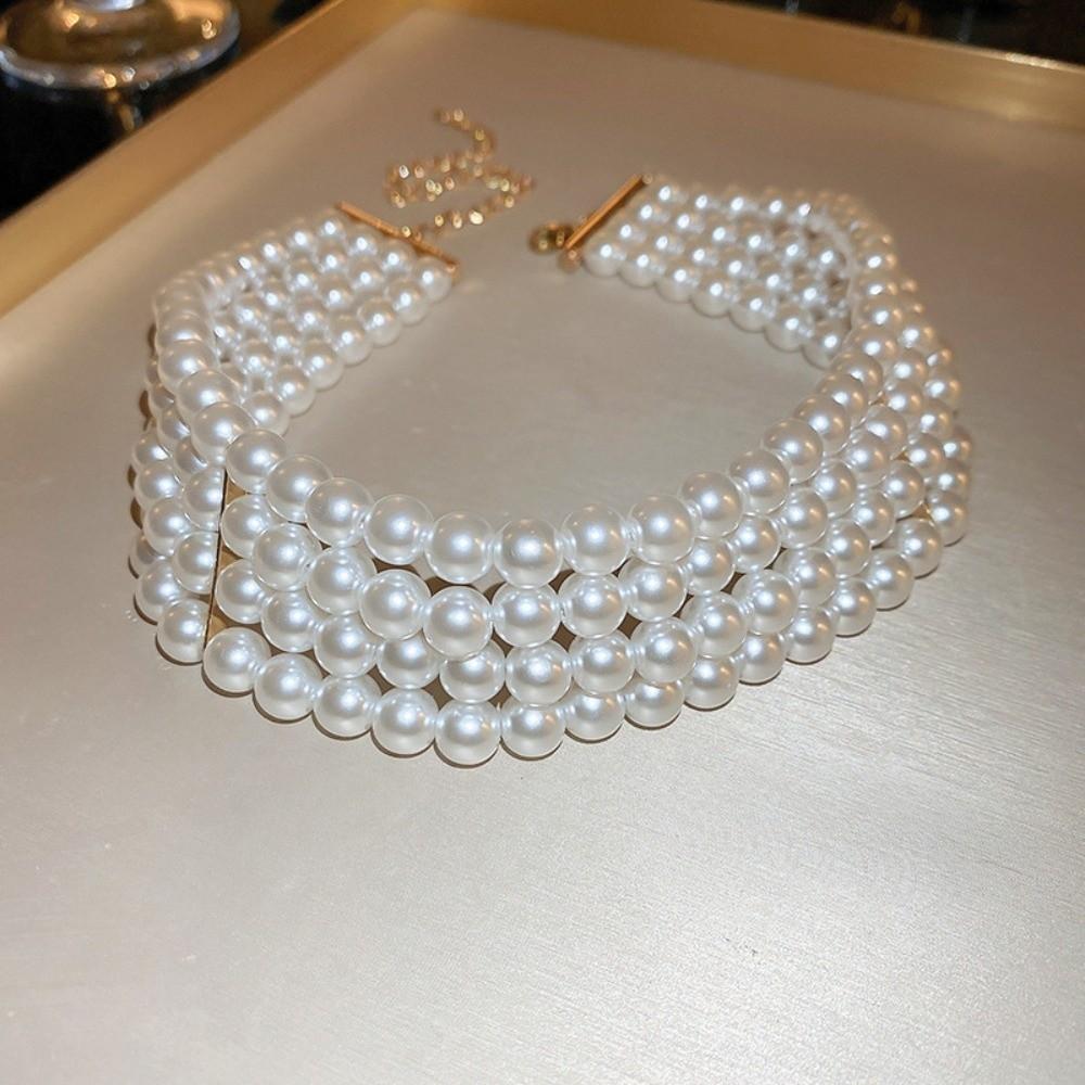 Ornaments Pearl Four Layer Necklace Fashion Jewelry Wide Cuff Bangles Versatile Bracelets Set Gift