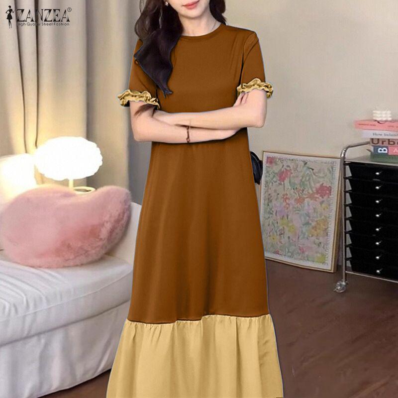 ZANZEA Женское повседневное летнее платье с коротким рукавом и круглым вырезом, с длинной юбкой и вставками