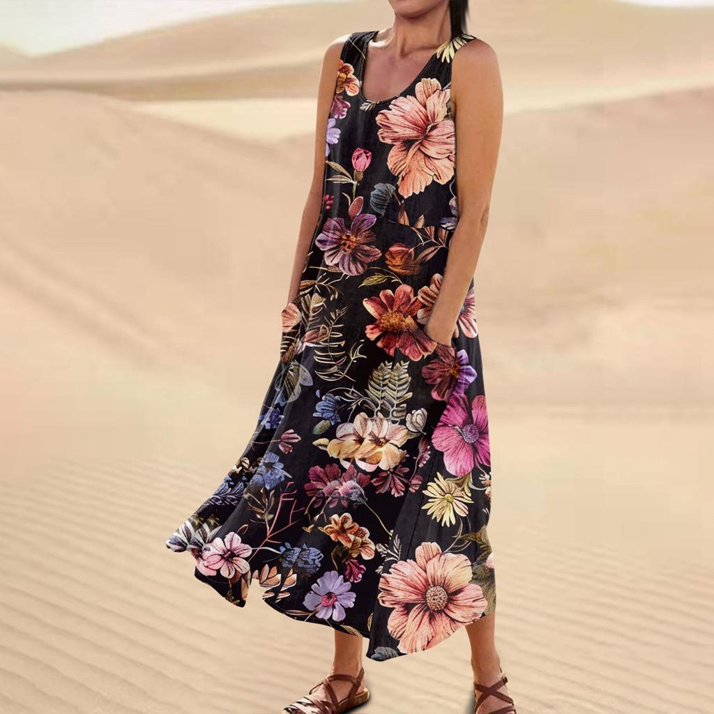 Женское повседневное удобное хлопковое карманное платье без рукавов с цветочным принтом