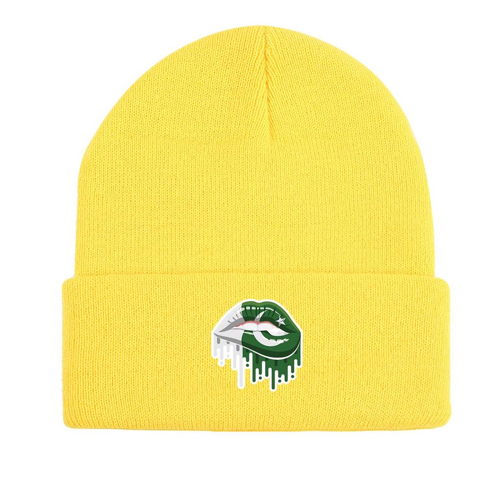Lip Flag of Pakistan Print Knitted Cap Beanie, Patriotic Skullies Beanies Candy Color Cuff Solid Gorro Knit Hat Beanie
