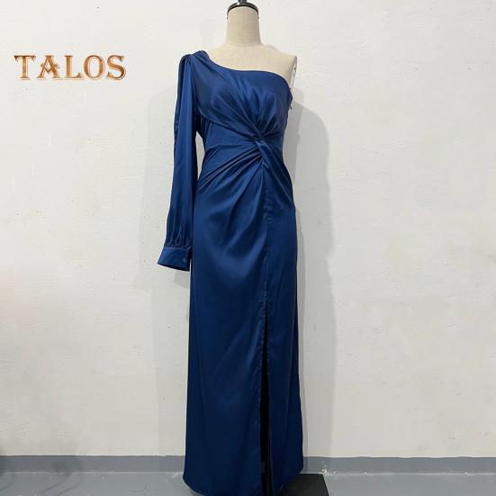 Женское вечернее платье на одно плечо с открытым рукавом, разрезом по низу, однотонное, с тонкой талией, плиссированное, с узлом, однотонное, коктейльное, вечернее платье макси