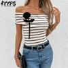 Женская мода повседневная летняя весна полосатый принт короткий рукав одно плечо блузки и рубашки