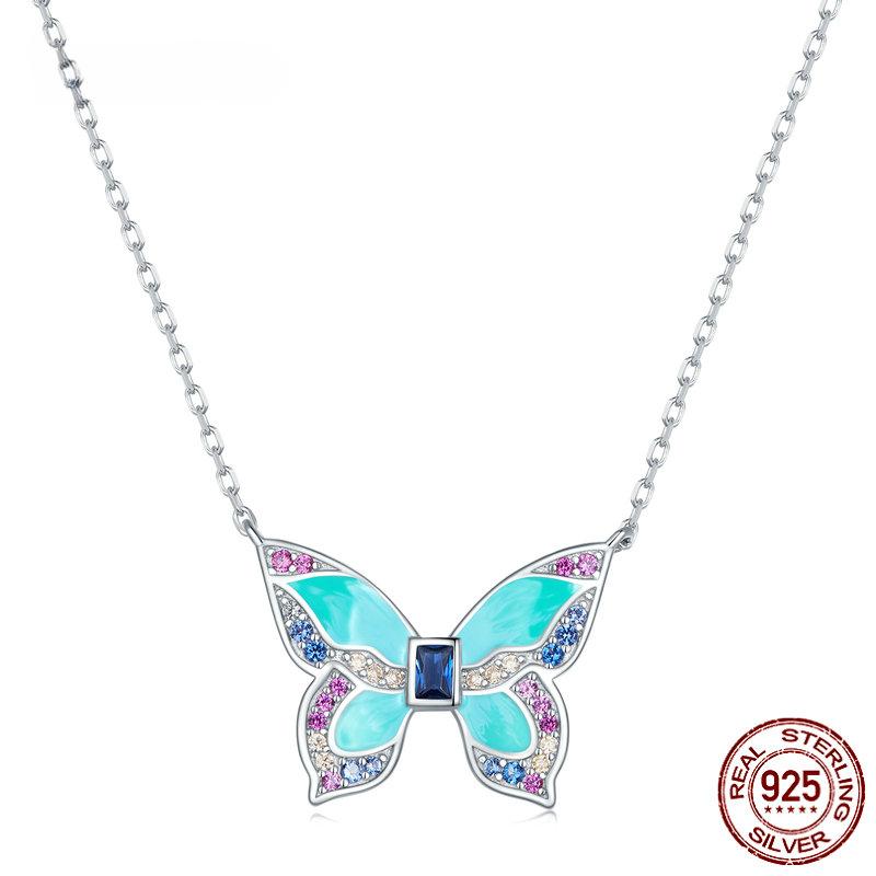 S925 Sterling Silver Colorful Butterfly Pendant Necklace Insect Neck Chain for Women Birthday Gift Fine Jewelry