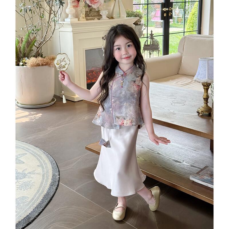 Girls' Neo-Chinese Style Vest and Skirt Set