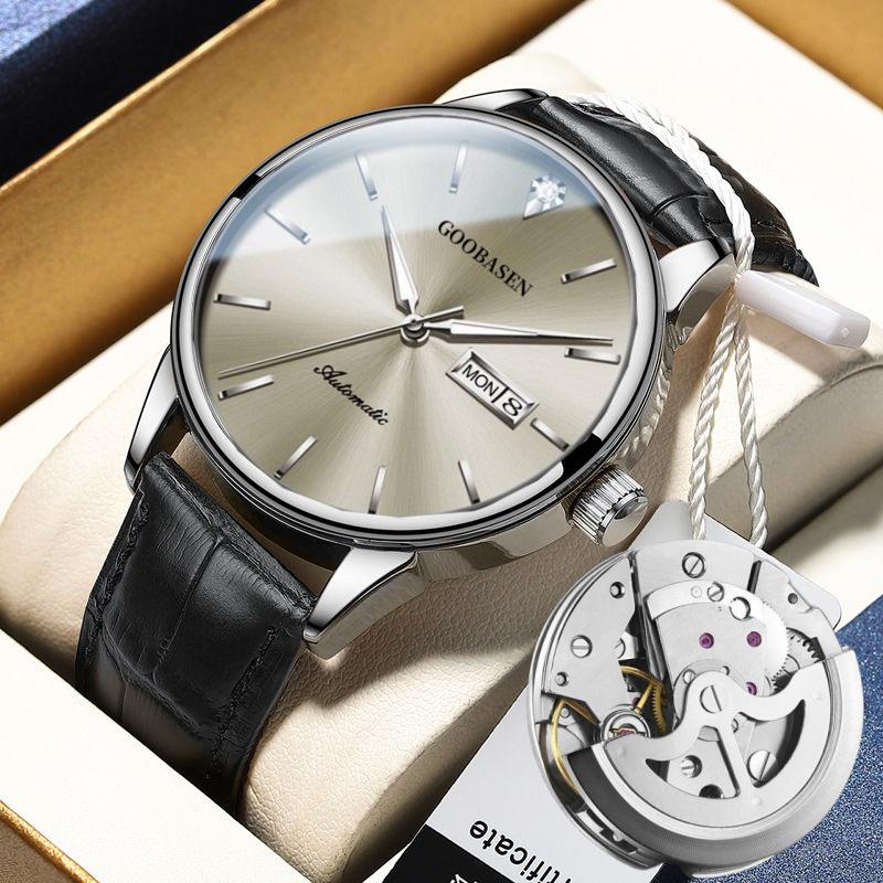 Мужские полностью автоматические светящиеся механические часы - Водонепроницаемые, Модные, Дизайн с полым корпусом и двойным календарем.