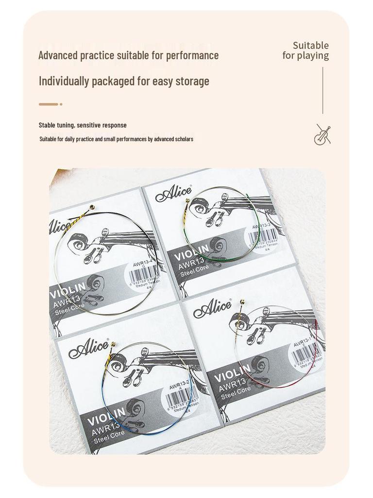Струны для скрипки Alice AWR13: Высокопроизводительный набор для экзамена с высокоуглеродистой сталью и струнами с оплеткой из белой меди