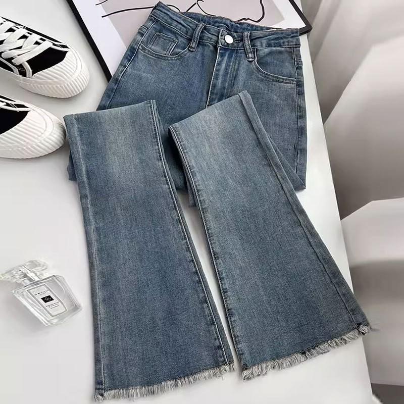 Womens High Waist Stretch Cotton Denim Flared Jeans With Raw Hem Distressed Wash Slim Fit To Wide Leg