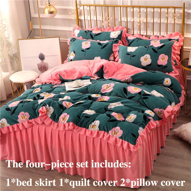 Утолщенный молочный бархат, четырехсекционная юбка-кровать, пододеяльник, наволочка, плюс бархатное тепло, двухсторонний пододеяльник, комплект, стиль принцессы, знаменитости