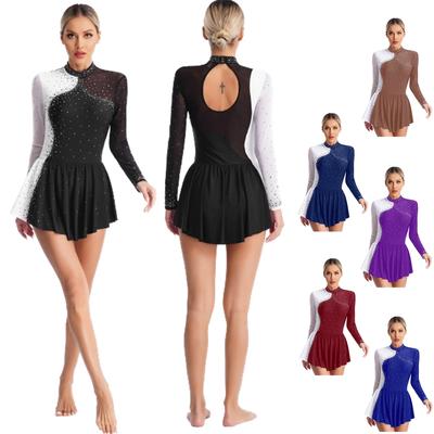 Женское блестящее платье для фигурного катания со стразами, контрастное цветное прозрачное сетчатое лоскутное платье с длинным рукавом и воротником-стойкой