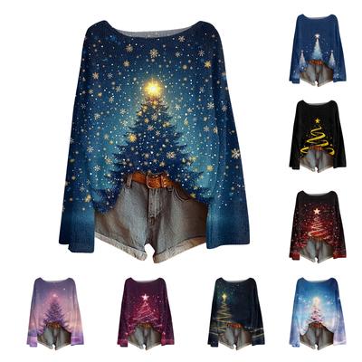 Женский модный повседневный трикотажный свитер с длинным рукавом и рождественским принтом, круглый вырез