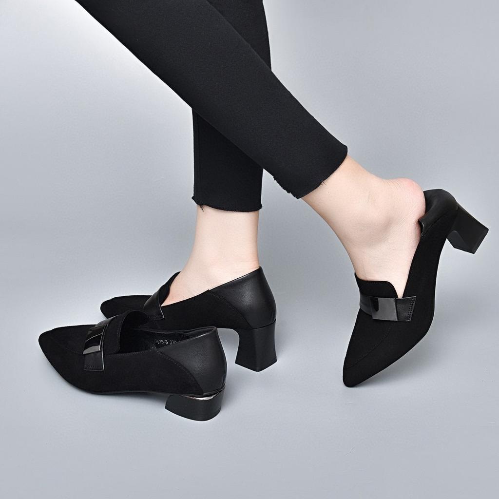 Женские туфли на высоком каблуке с острым носком, осенние новые, из овчины, с квадратной пряжкой, на толстом каблуке, одинарные туфли, модная обувь, обувь на четыре сезона, рабочая обувь