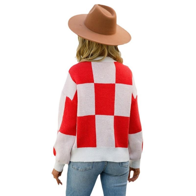 Womens Crew Neck Knit Sweater With Plaid Slim Fit Long Sleeve Pullover Office College Style