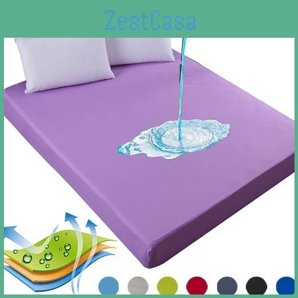 New Super 2023 Solid Color Waterproof Bed Fitted Sheet Mattress Protector Cover Bedspread With Elastic Band No Pillowcase