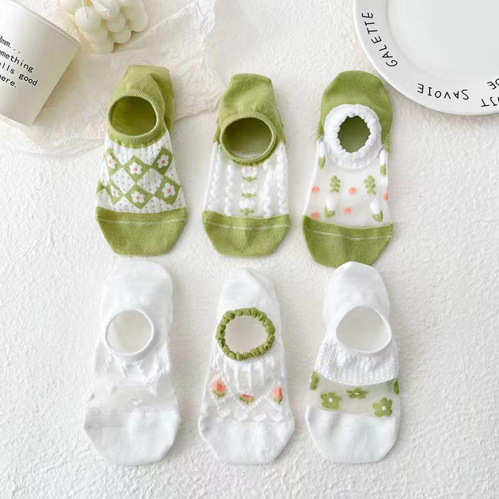 6 Pairs Women's Floral Mesh No-Show Socks Y2K Kawaii Lace Trim Breathable Ankle Socks With Harajuku Style Green Cute Boat Socks