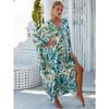 Plus Size Boho Cover Up, Women's Plus Painting Print Bat Sleeve V Neck Split Hem Maxi Cover Up Dress