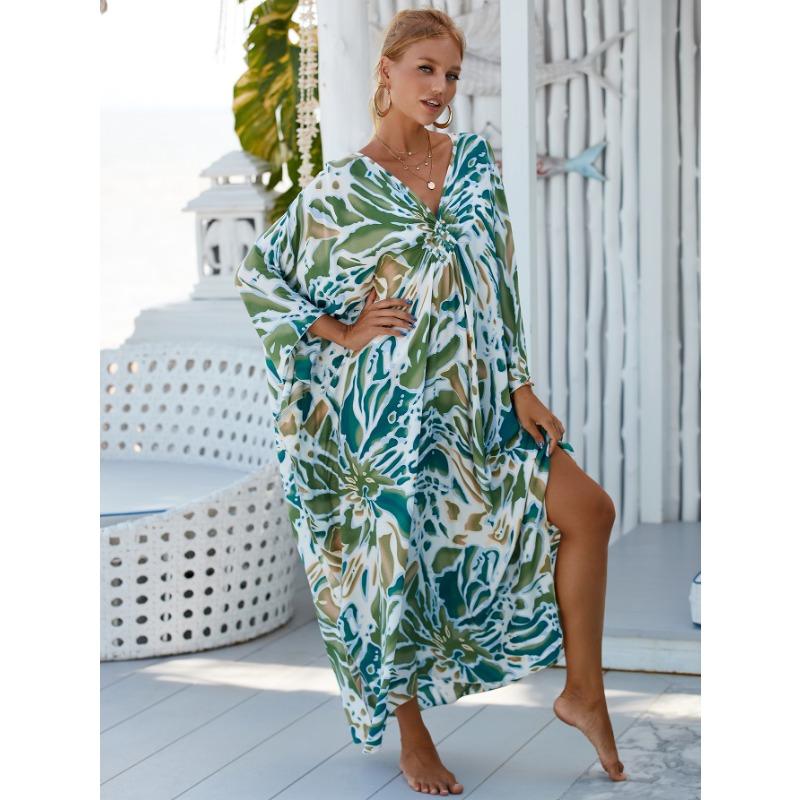 Plus Size Boho Cover Up, Women's Plus Painting Print Bat Sleeve V Neck Split Hem Maxi Cover Up Dress