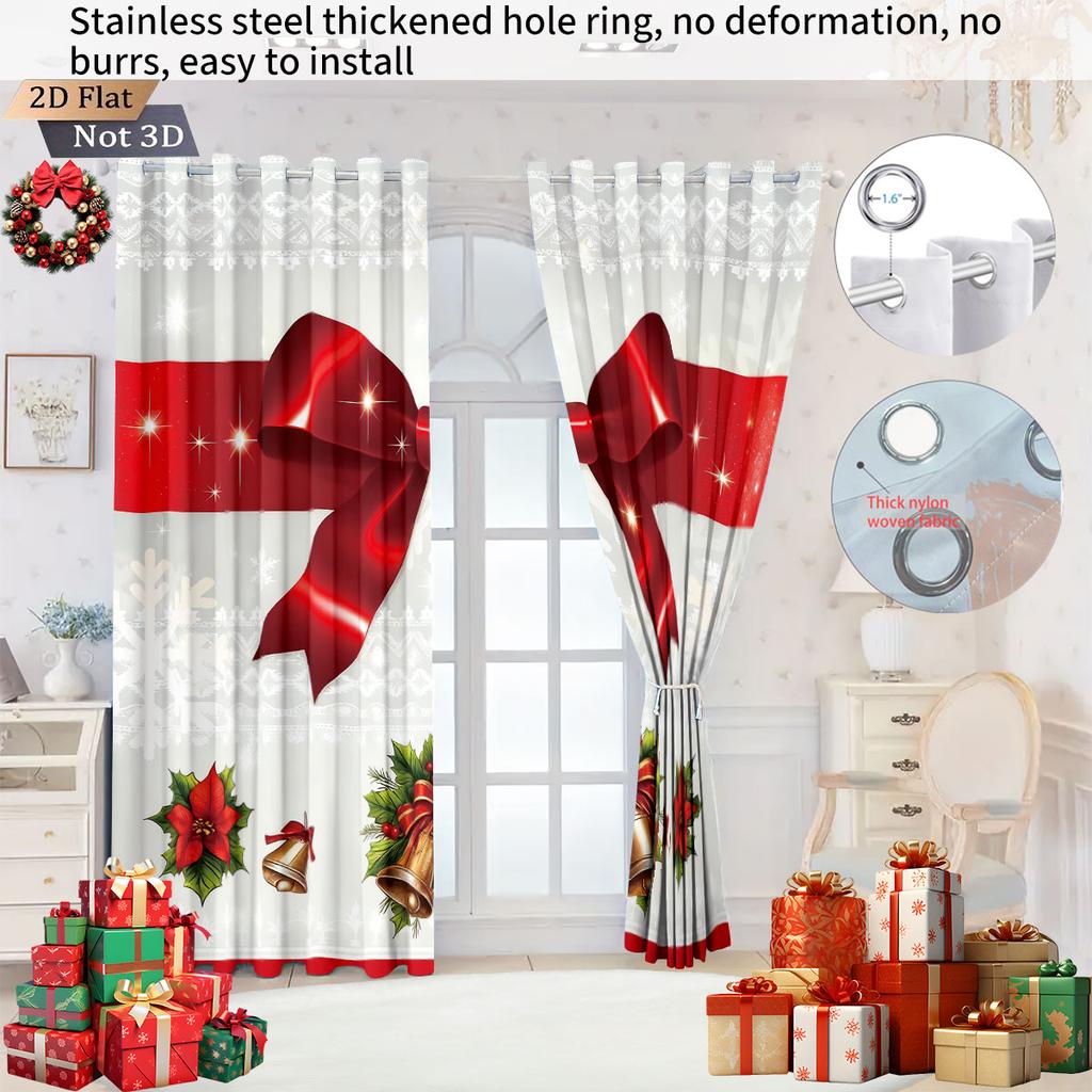 2Pcs Christmas Red Bow Print Blackout Curtains Multiple Size Living Room Bedroom Insulation Holiday Decoration Machine Washable