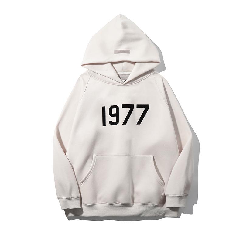 ESSENTIALS 1977 Double-Line Flocking Letter Hooded Sweatshirt for Men and Women
