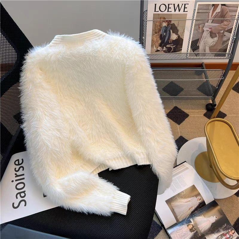 Осень-зима Женский однобортный свитер с V-образным вырезом из искусственного меха норки и мохера, мягкий вязаный свитер, кардиган, пальто, куртка