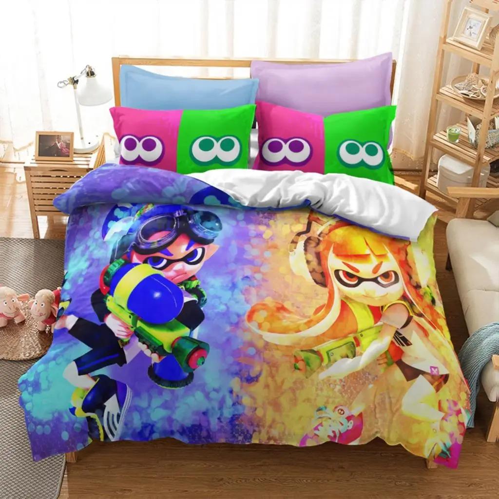 Популярный комплект постельного белья с принтом игры Splatoon 2, 3D-мультяшный комплект пододеяльников, наволочка для подушки, двуспальная кровать размера Queen, комплект постельного белья размера King Size