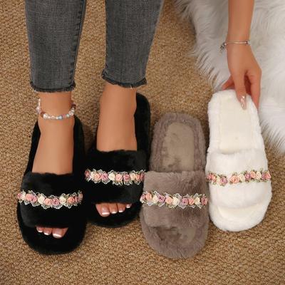 Цветочные плюшевые тапочки для женщин Удобные шлепанцы Плоские домашние сандалии