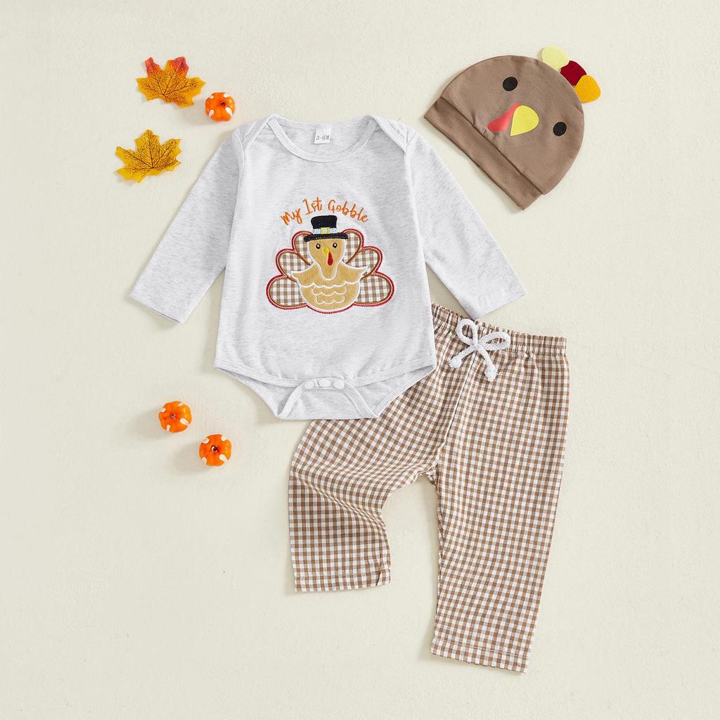 Infant & Toddler Thanksgiving Turkey Romper Set: Plaid Pants & Hat Included