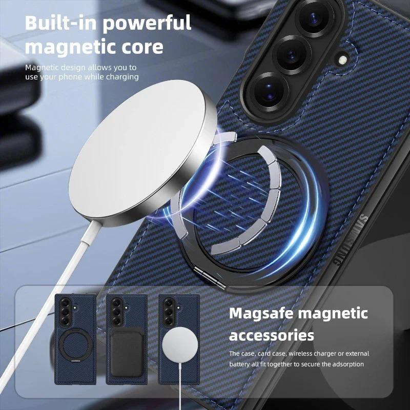 Деловой магнитный чехол с текстурой карбона для Samsung Galaxy Z Fold 7 6 5 4 3 для Magsafe, защитная крышка с вращающейся подставкой на 360°