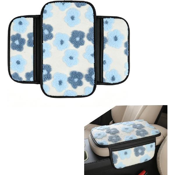 Fluffy Car Armrest Cover with Side Pockets, Cute Flower-Decorated Armrest Box Protective Cover, Plush Comfortable Center Console Elbow Rest Pad, for
