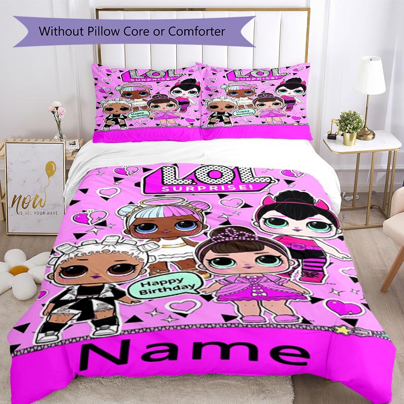 3pcs Custom Name LOL Surprise Bedding Set Duvet Cover Closure Includes 1 Duvet Cover & 2 Pillowcases, Soft and Comfortable for All Seasons.