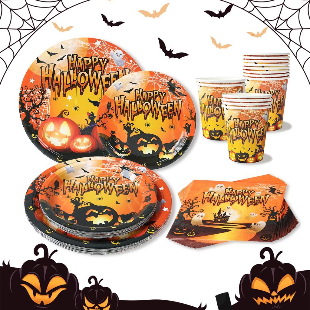 Halloween Disposable Party Tableware Sets Pumpkin Witch Paper Plate Cup Napkins Kids Favor Happy Halloween Party Decor Supplies