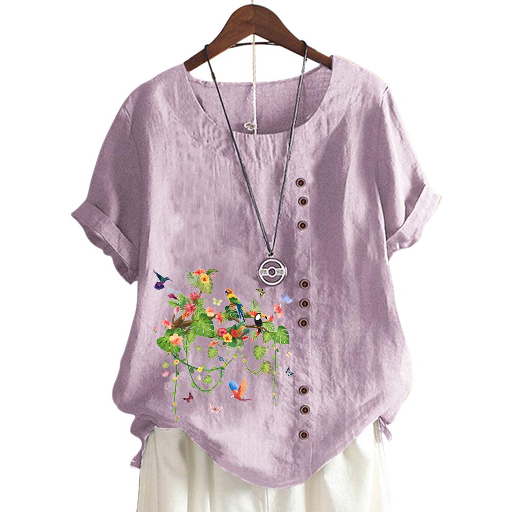 Fashionable Women's Cotton Short Sleeve Top with 11 Colorful Floral Prints and Round Neck