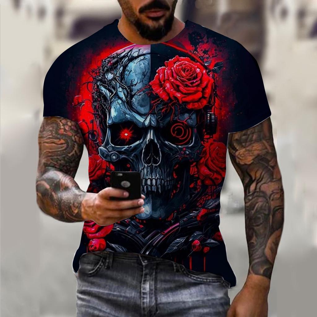 Summer Round Neck 3D Horror Skull Print Top Fashionable Casual Short Sleeved Men's T-shirts
