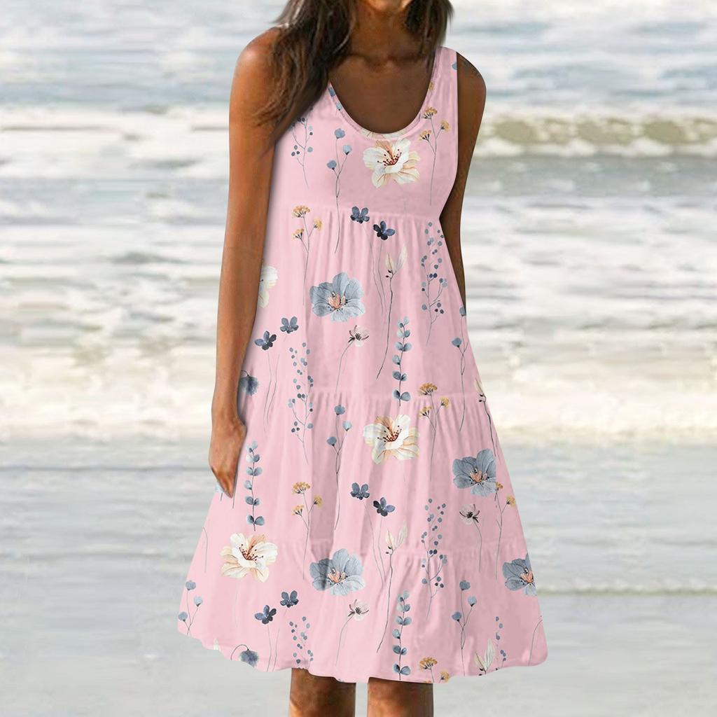 Женские платья-жилеты Лето-весна Плиссированные богемные платья Симпатичные струящиеся пляжные платья без рукавов Прямая футболка Платья-майки Платья с круглым вырезом