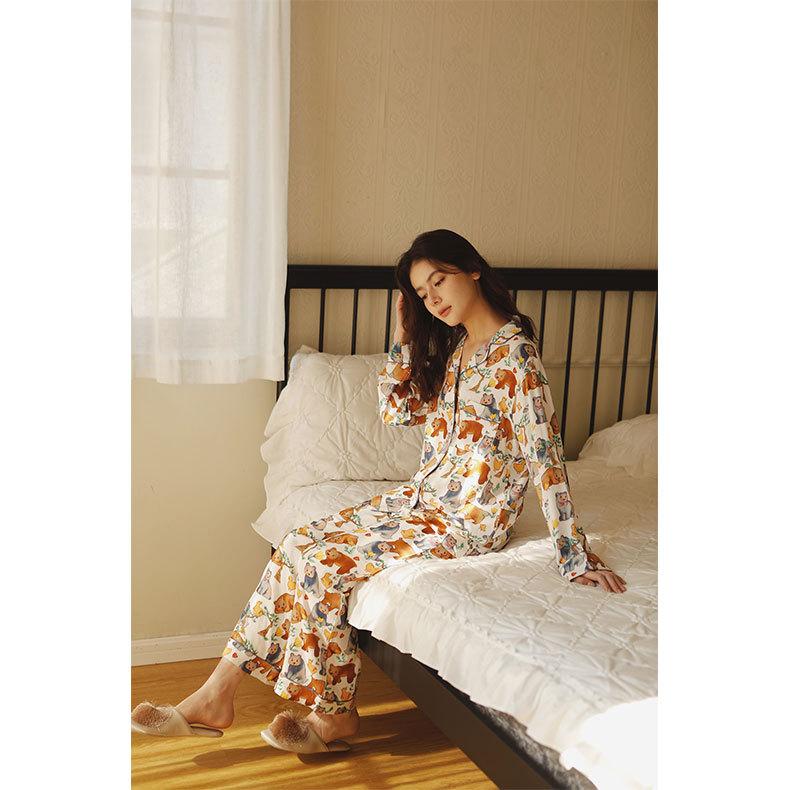 New product Tianzhu fiber double-layer gauze cute pet printing lapel pocket long-sleeved pajama set loungewear