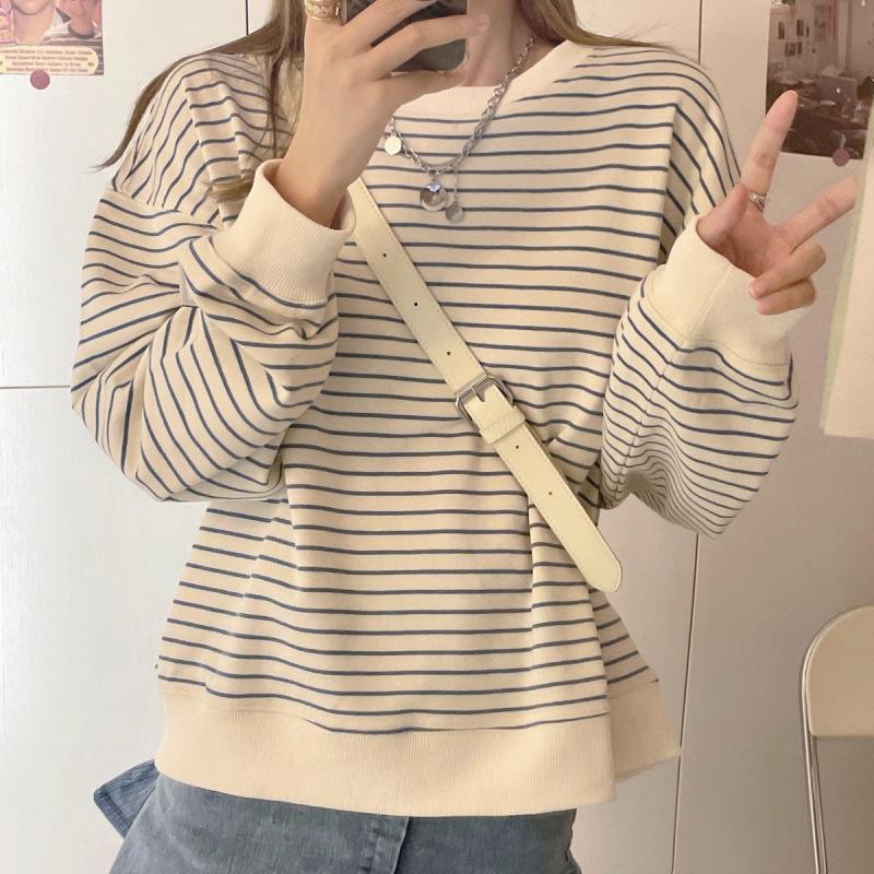Women's Striped Crew Neck Pullover – Autumn 2025 Korean Style Long Sleeve Top
