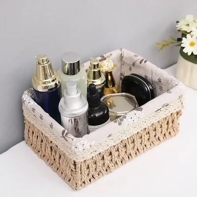 Прямоугольные плетеные корзины для хранения из ротанга ручной работы Экономят место Деревенский стиль Плетеная корзина-поднос для хранения Многоразовая с вкладышем