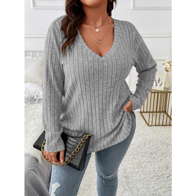 Осень-зима, свободные женские пуловеры с длинными рукавами, однотонные топы больших размеров, одежда больших размеров, вязаная футболка с v-образным вырезом