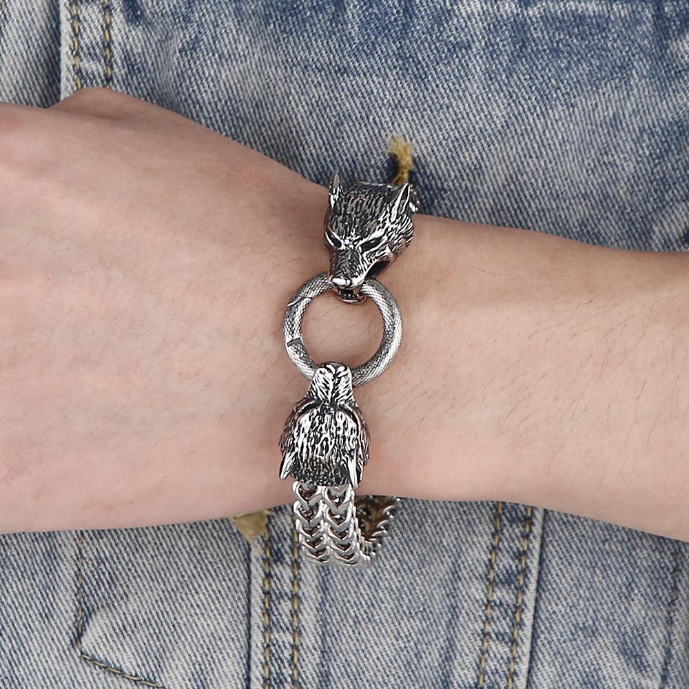 Norse Viking Wolf Head With Square Franco Link Chain Bracelet for Men Stainless Steel Men's Bracelets Masculine Jewelry Gifts