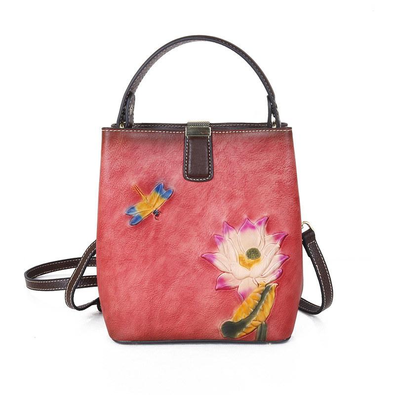 Vintage Flower Embossing Mini Shoulder Bags for Women Fashion Crossbody Bag Genuine Leather Bucket Bag Phone Bags Purse GZW