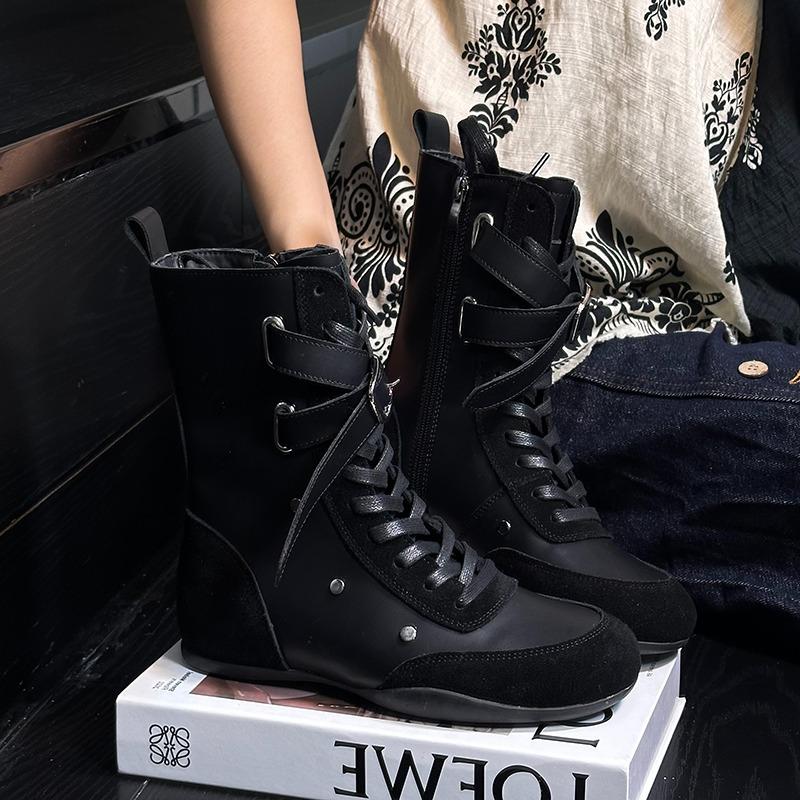 Модная женская обувь 2025 года, новая, с круглым носком, на плоской подошве, с высоким верхом, обувь Dexun, универсальные повседневные ботильоны, ботинки до середины икры