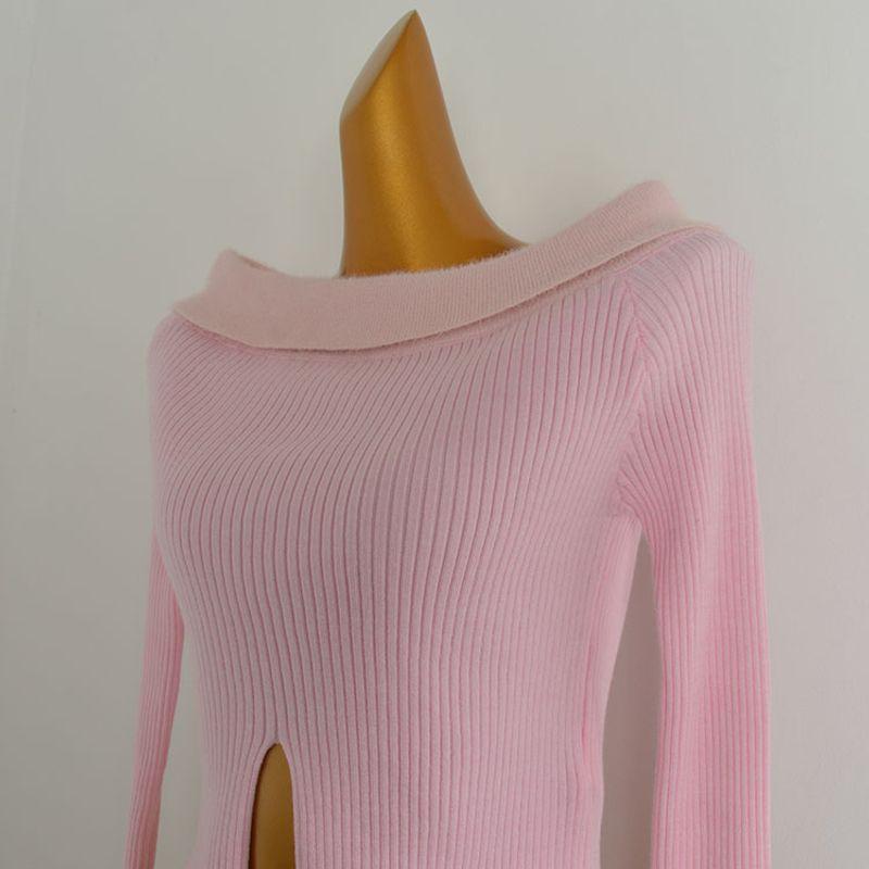 French Sexy Sexy Split off-Shoulder Knitwear Women's Clothing Silm Slimming Inner Short Long Sleeve Top Fall and Winter