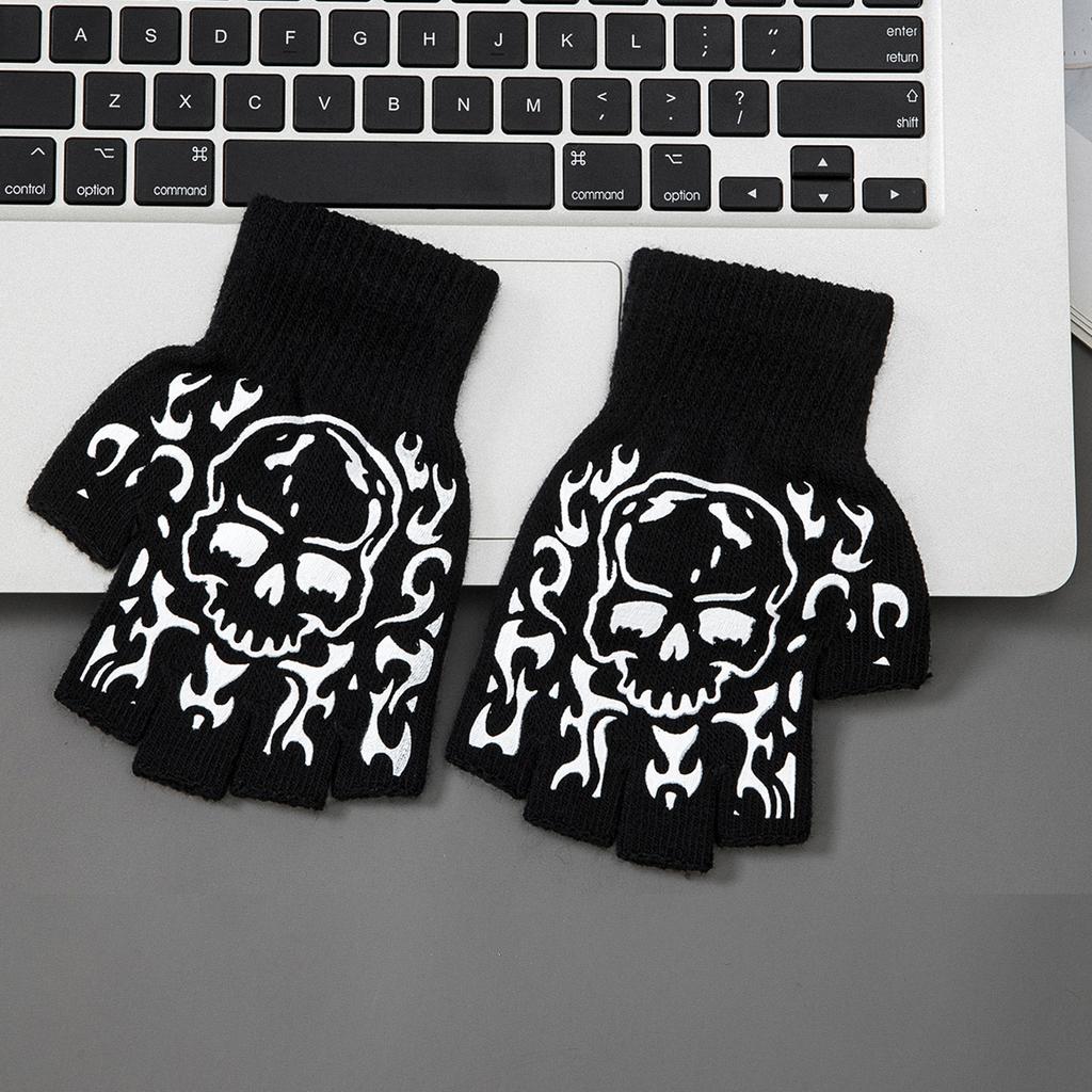 Boys' Halloween decorative warm gloves Fall and Winter split fingers open-fingered knit gloves skull hand pattern gloves