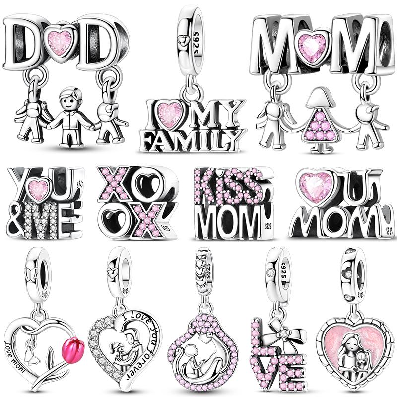 925 Silver Charms Bead CZ Zircon Love Mom Pink Heart Dangle Fit DIY Bracelet Women Mother's Day Jewelry Gift