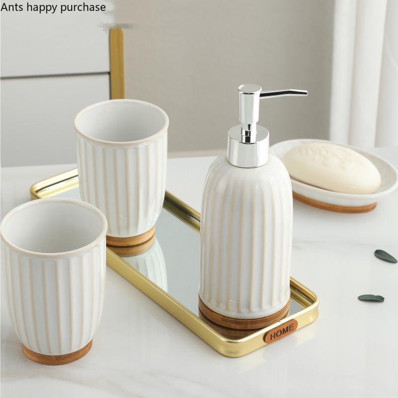 Керамический набор для мытья ванной комнаты, набор из 4 предметов, деревянные поддоны, флакон для лосьона, стаканчик для мыла, наборы аксессуаров для ванной комнаты, туалетные принадлежности для дома