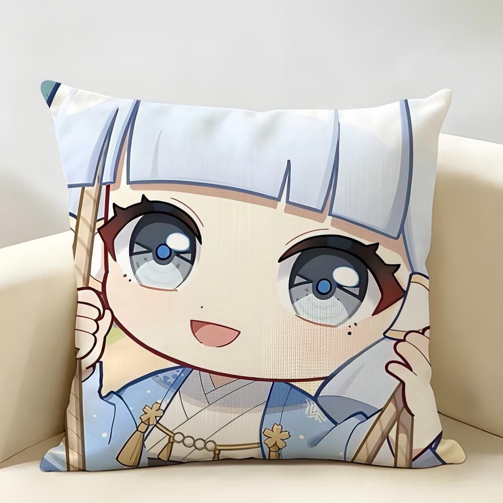 Kamisato Ayaka Cute Genshin Cushion Cover Natural Linen Organic Fabric DoubleSided Printing Room Sofa Decor Pillow Case