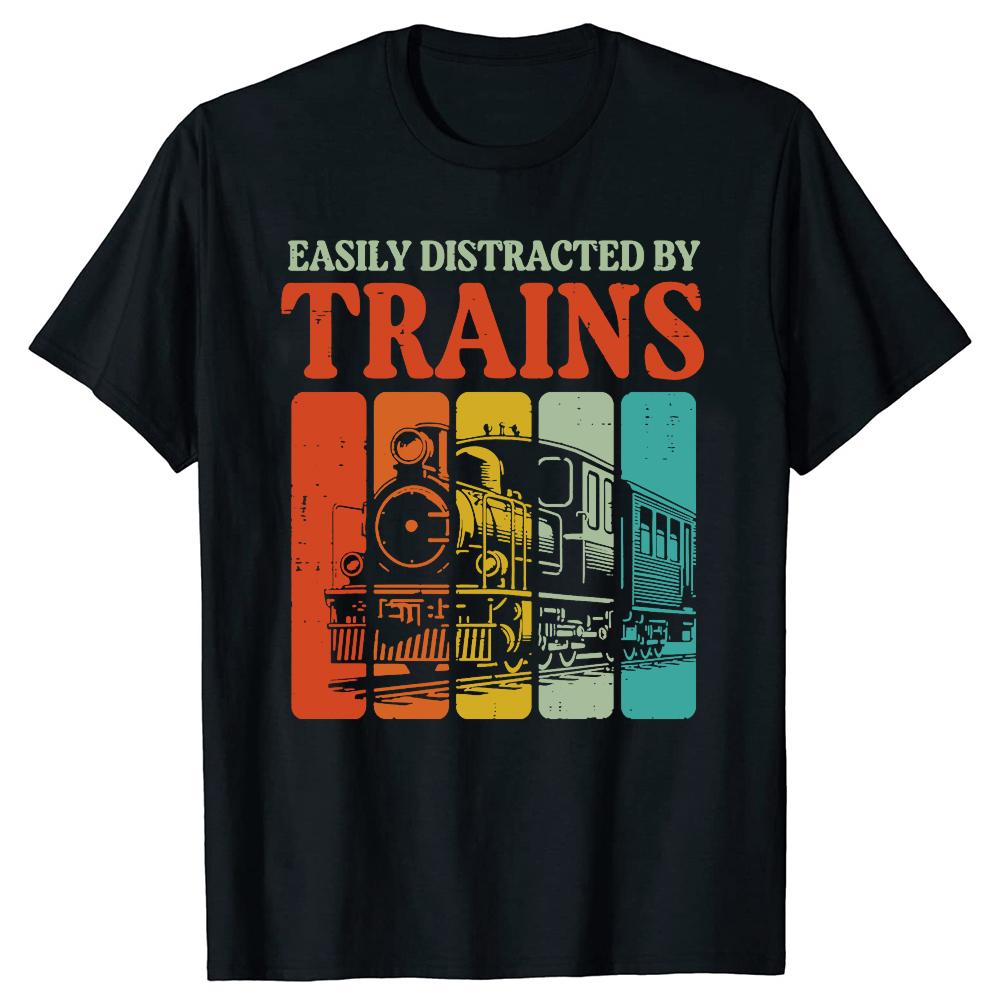 Vintage Easily Distracted By Trains Funny Graphic Tshirt Men Women Hip Hop Oversized T Shirt 100 Cotton Comfort Tshirts