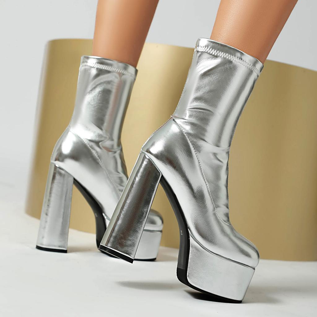 Sung Fit Ankle Boots Women's Platform Stretch Boots Soft PU Comfy Chunky High Heels Shoes Slip On Gold Silver Balck White Brown