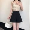 Shorts Women's High-waisted Summer Large Flower Bud Wear Thin A-line Wide Leg Pants Black Casual Hot Pants